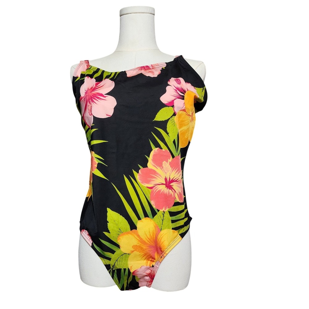 Islander Womens Tropical Hibiscus Floral One Piece Swimsuit Black‎ Pink Size 14